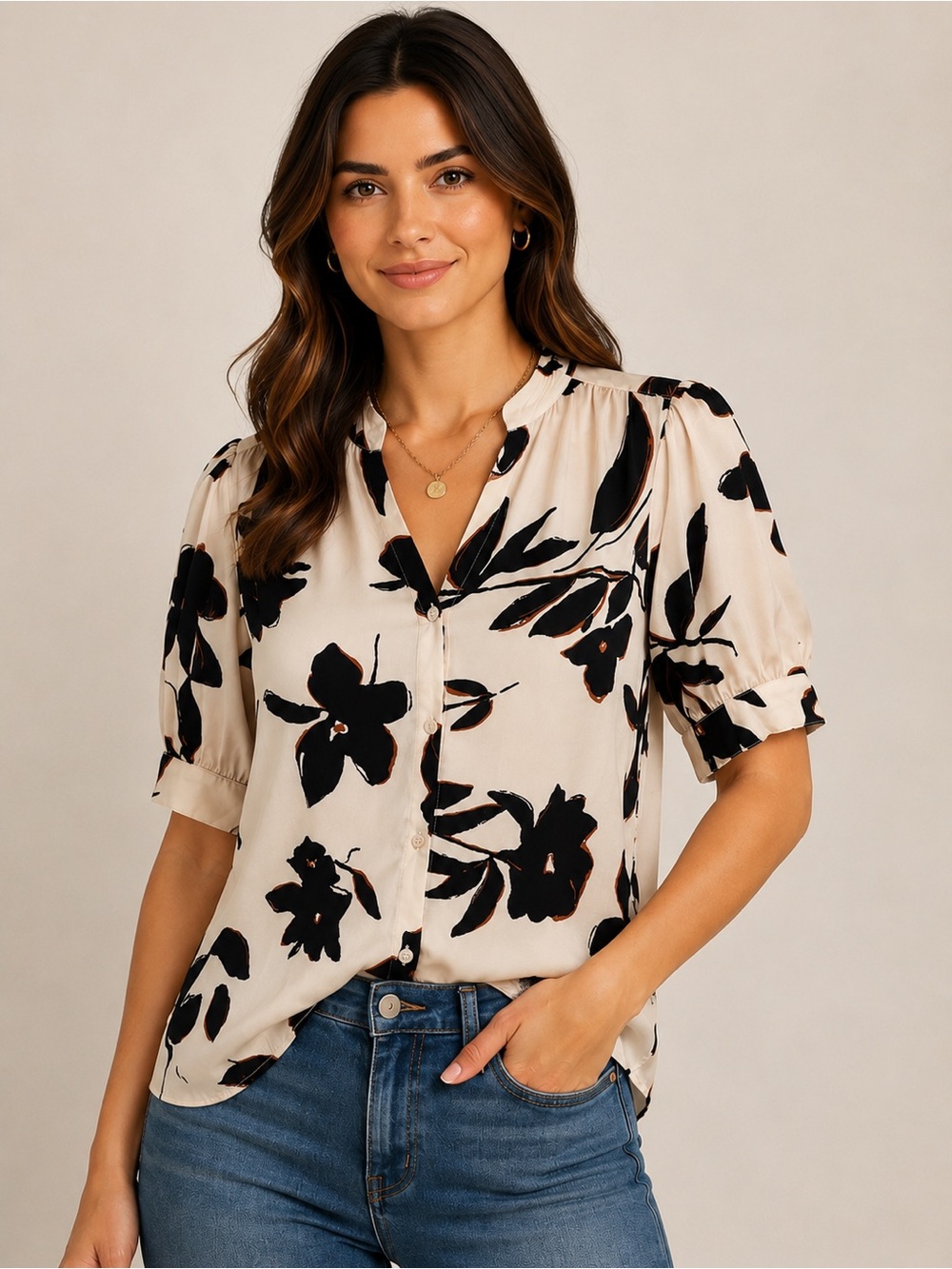 T Tahari Cream Blouse with Black Floral Print